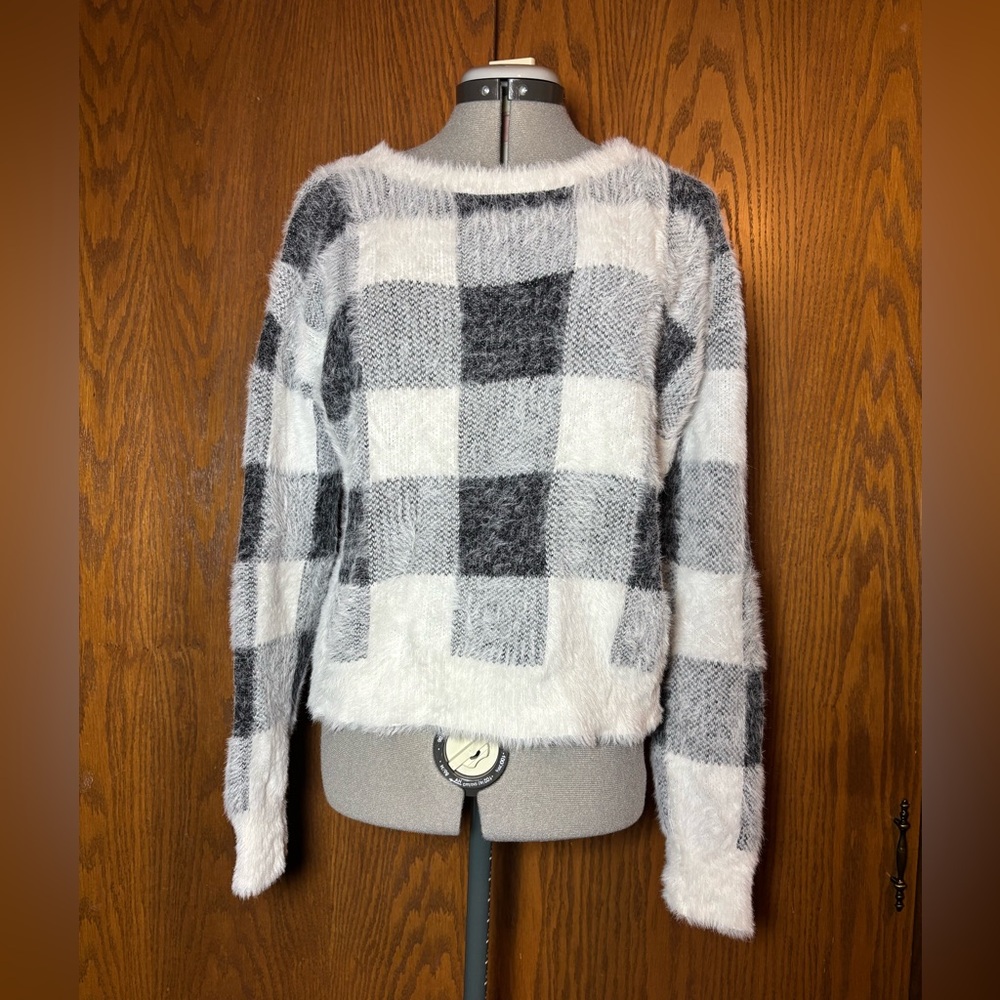 Express women’s fuzzy Checkered Sweater - medium.